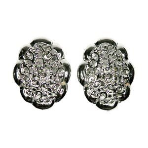 Filigree Silver-Tone Clip-On Earrings Vintage Mid-Century Statement Jewelry